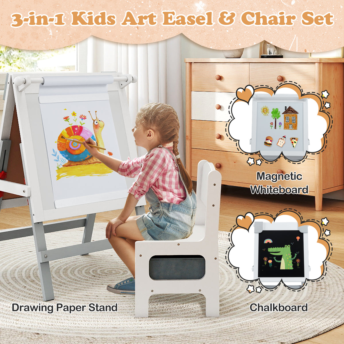 A girl uses the art easel, with callouts highlighting the drawing paper stand and chalkboard