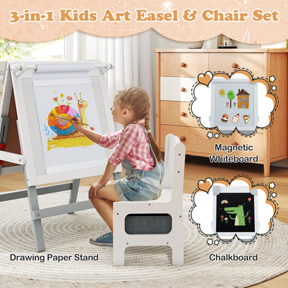 A girl uses the art easel, with callouts highlighting the drawing paper stand and chalkboard