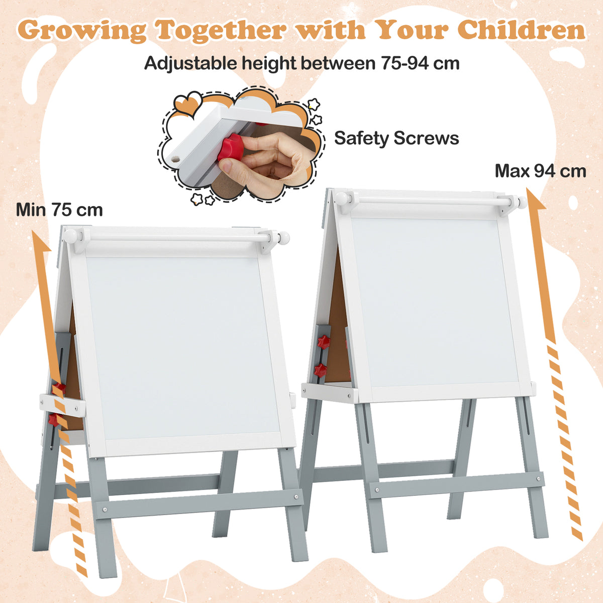 The white art easel is shown with adjustable height indicators