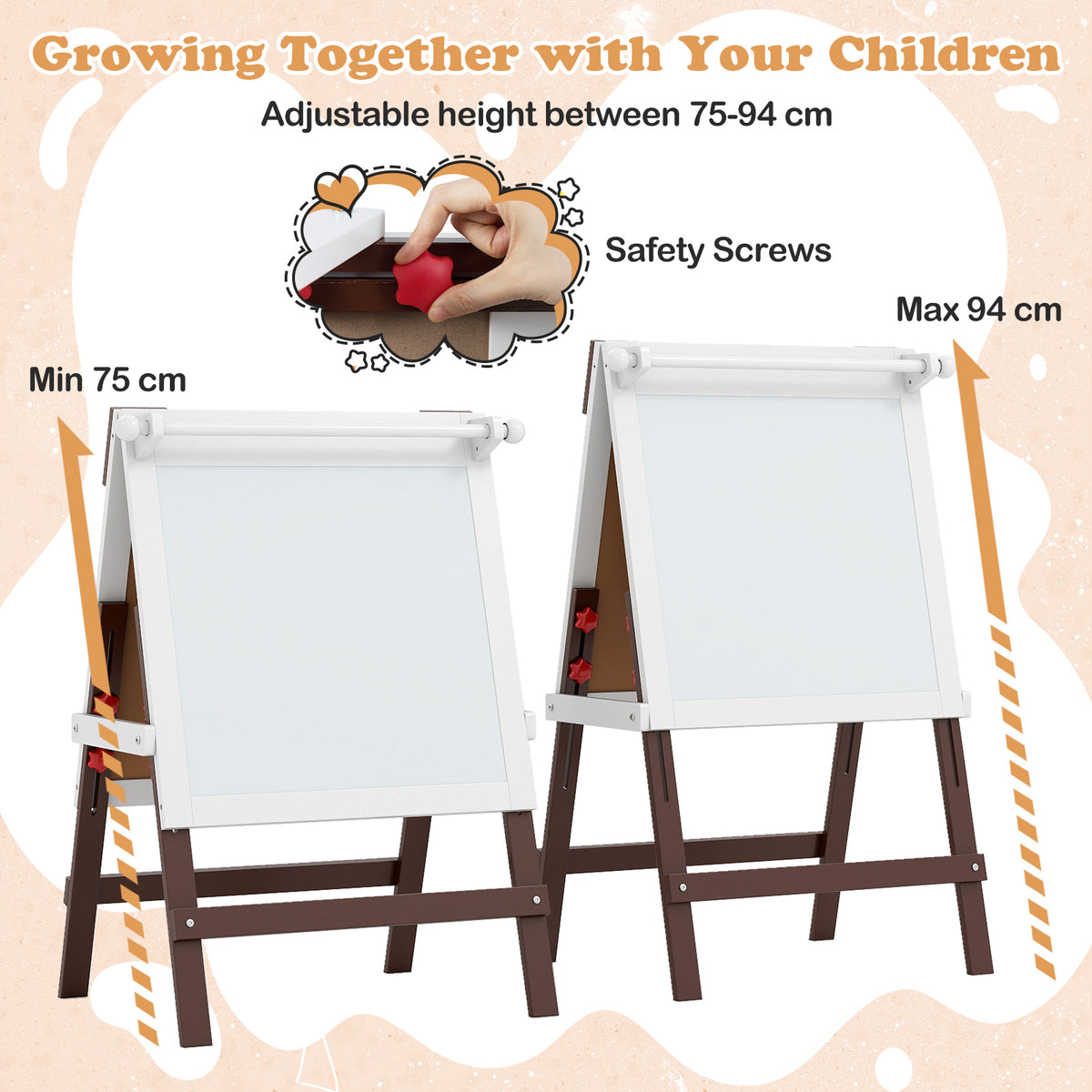 the art easel shown at its minimum and maximum height settings with a hand adjusting a screw