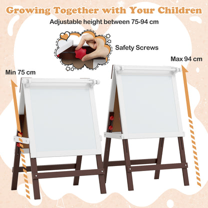 the art easel shown at its minimum and maximum height settings with a hand adjusting a screw