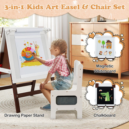 a child sitting on the chair drawing on the art easel with whiteboard and chalkboard inserts