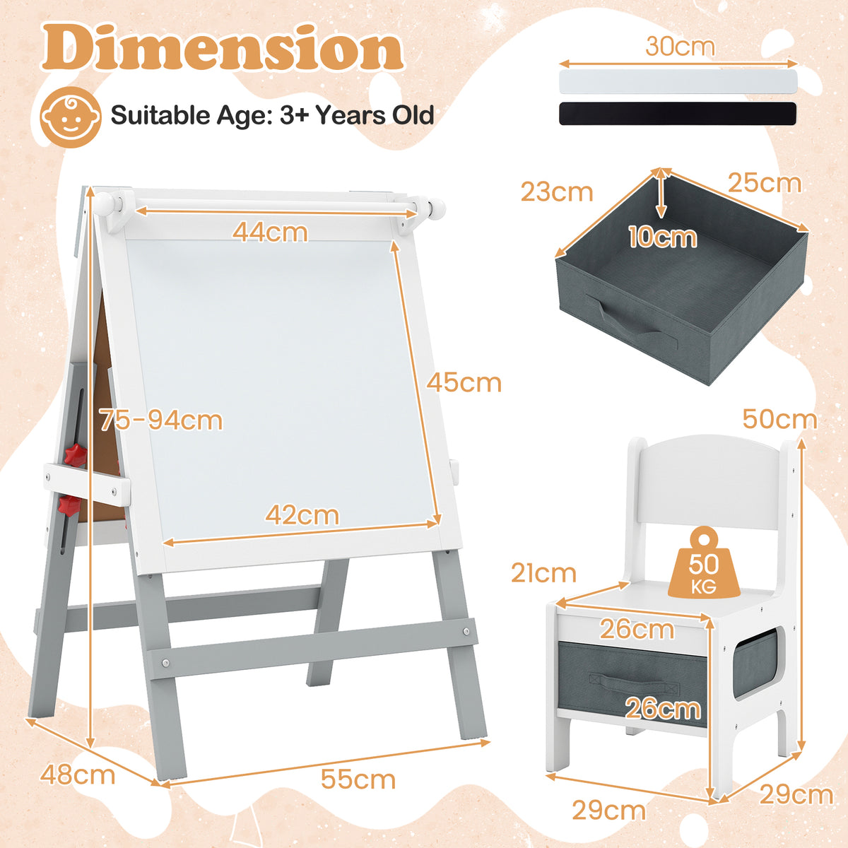 Dimension diagram of the white easel and chair, showing measurements and age suitability