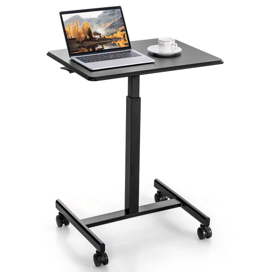 Height Adjustable Rolling Standing Desk with a laptop and coffee cup on top