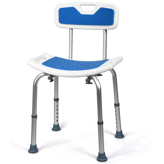 Height Adjustable Shower Chair with a blue padded seat and backrest on a white frame
