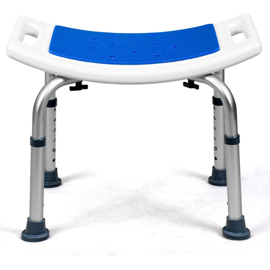 Height Adjustable Shower Stool with a blue padded seat and silver legs