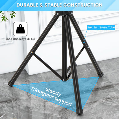 Close up of the tripod base of the display stand highlighting the stable metal construction