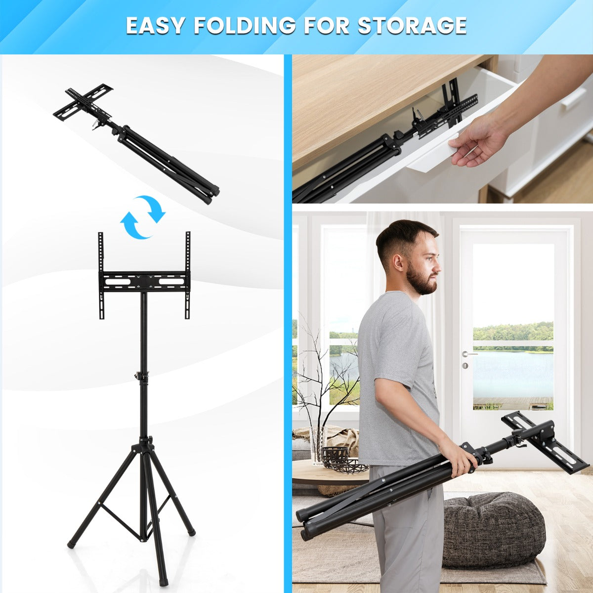 The foldable television stand shown being stored in a drawer and carried by a man