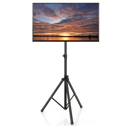 Height Adjustable TV Stand shown in black with a flat screen television mounted on top