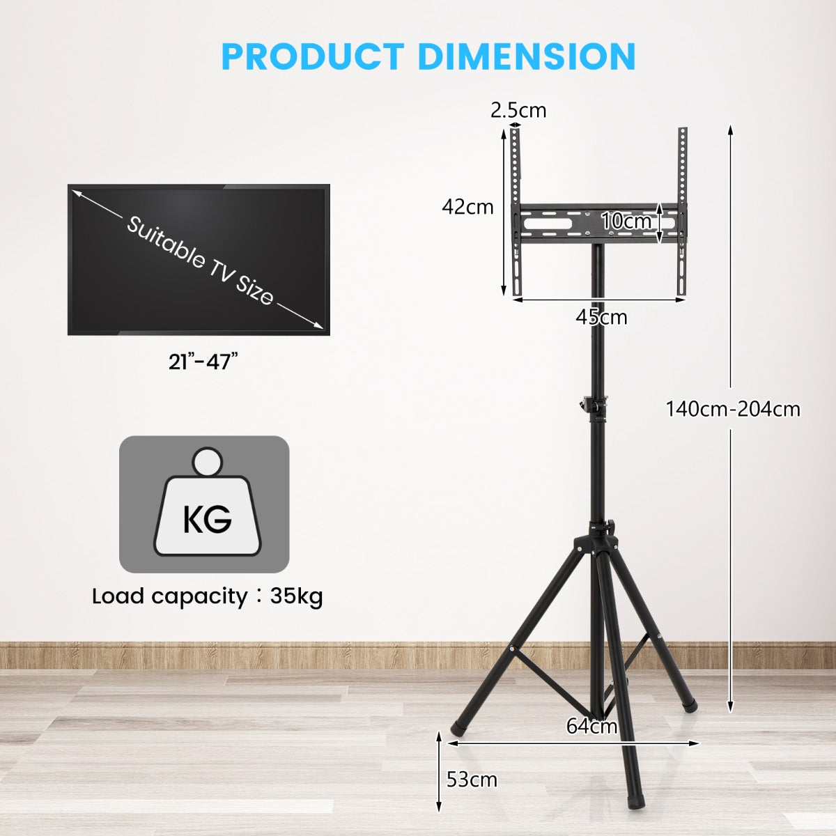 The metal display stand shown with technical lines indicating height and width dimensions