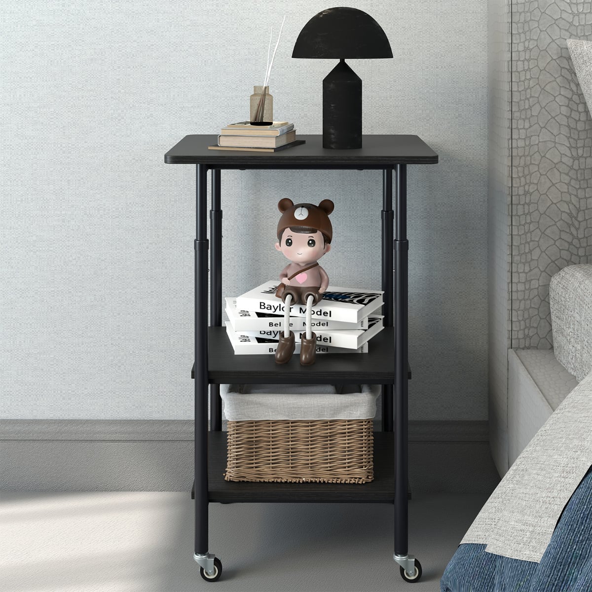 Height Adjustable Printer Stand with Storage Shelves and Locking Wheels-Black