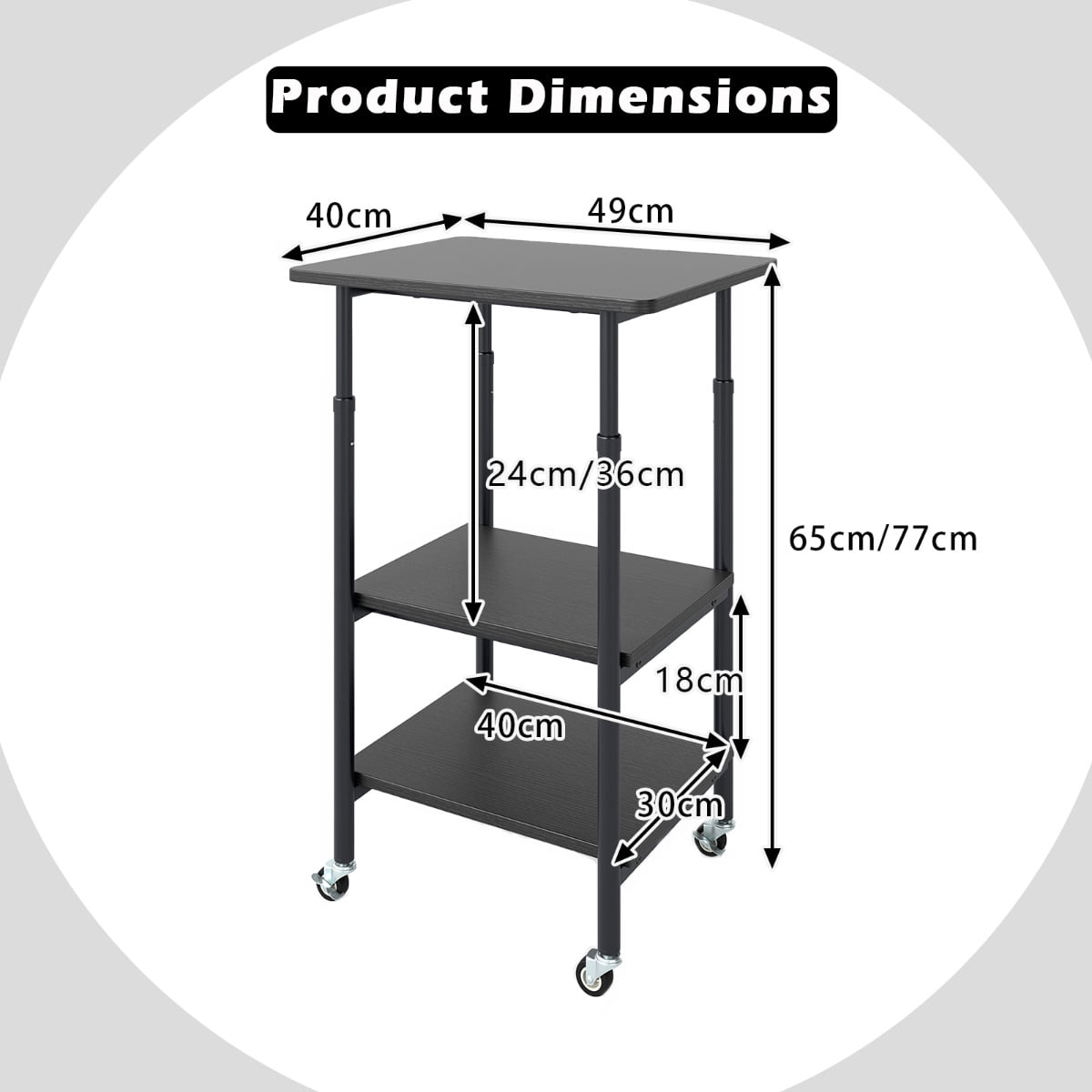 Height Adjustable Printer Stand with Storage Shelves and Locking Wheels-Black