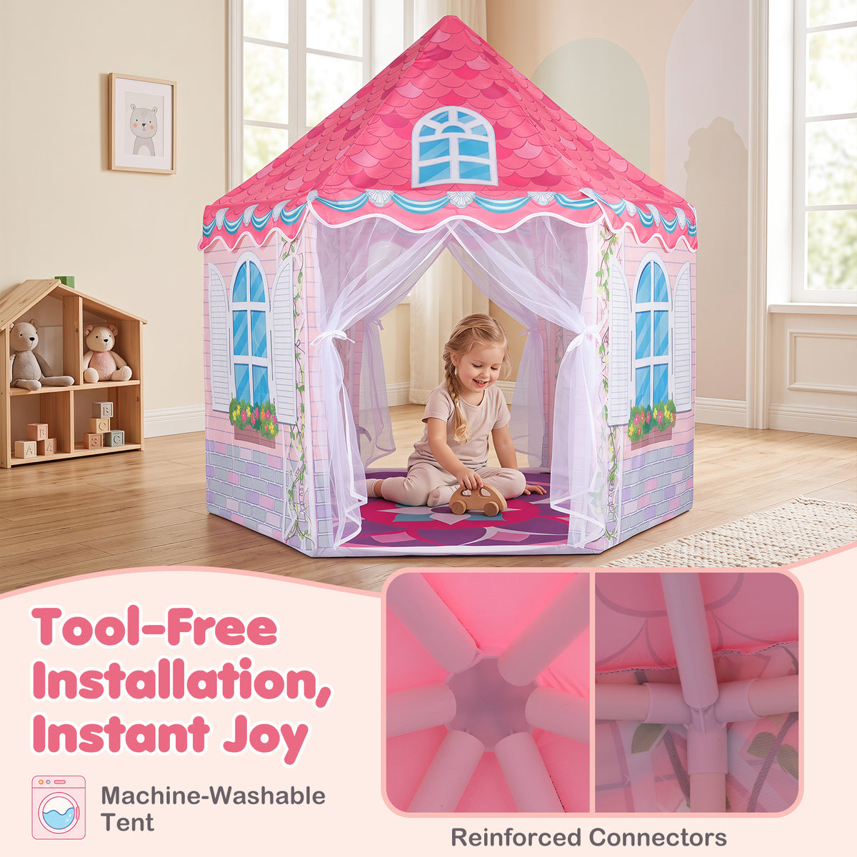 Close up of the play tent frame and mesh curtains