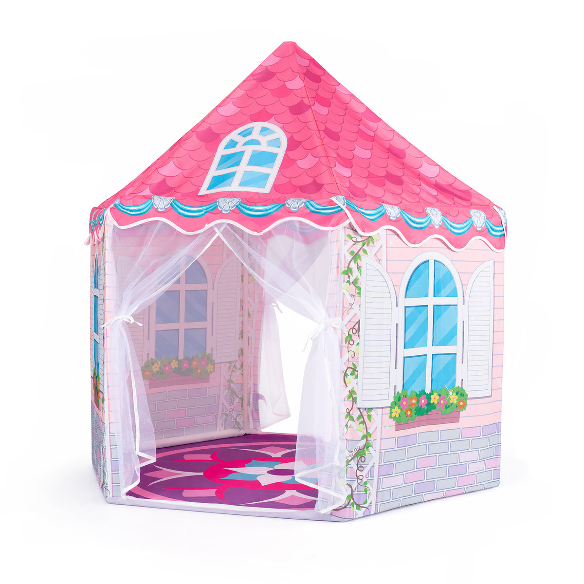 Pink hexagonal play tent with white net curtains and windows