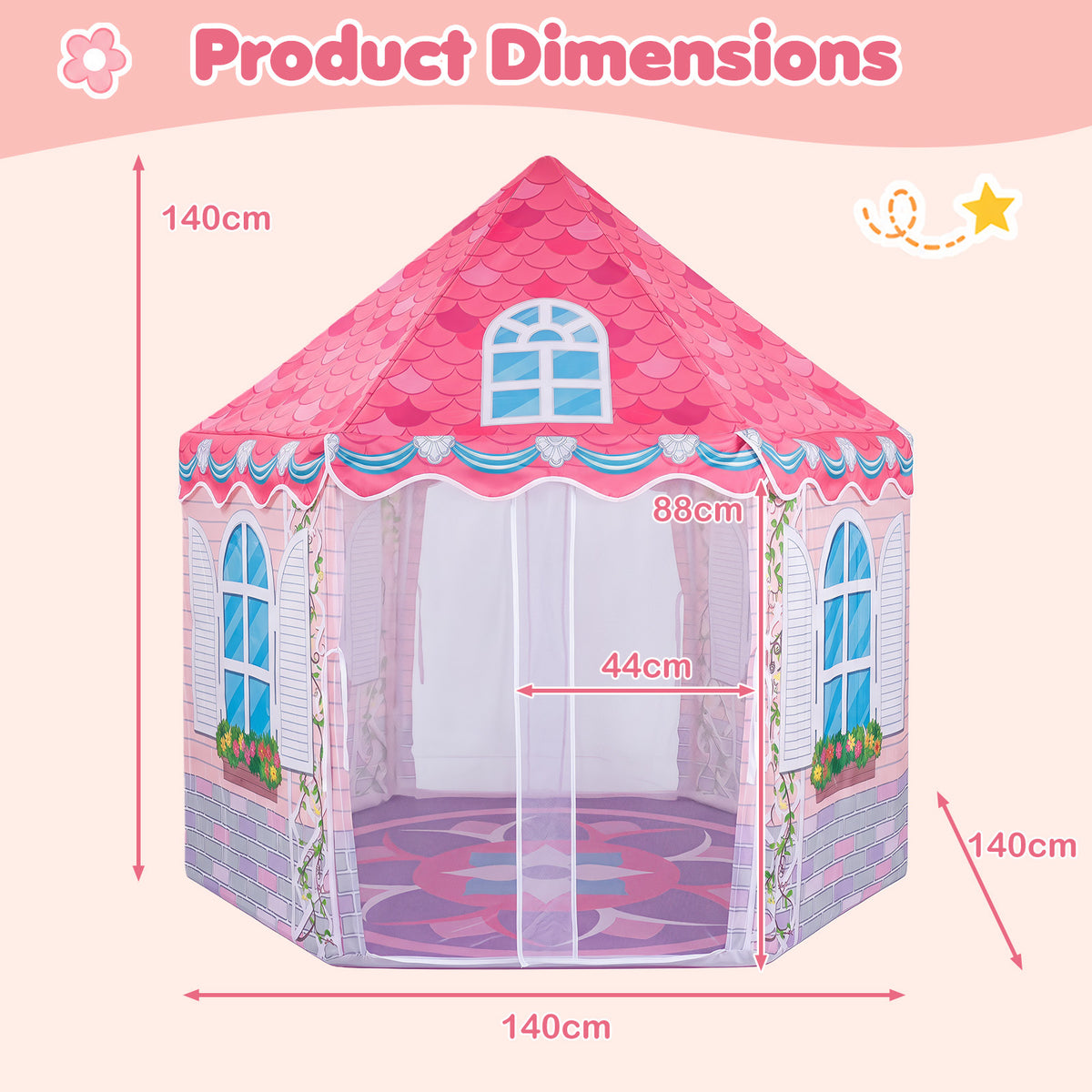 Pink hexagonal play tent with dimensions shown in cm