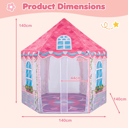 Pink hexagonal play tent with dimensions shown in cm