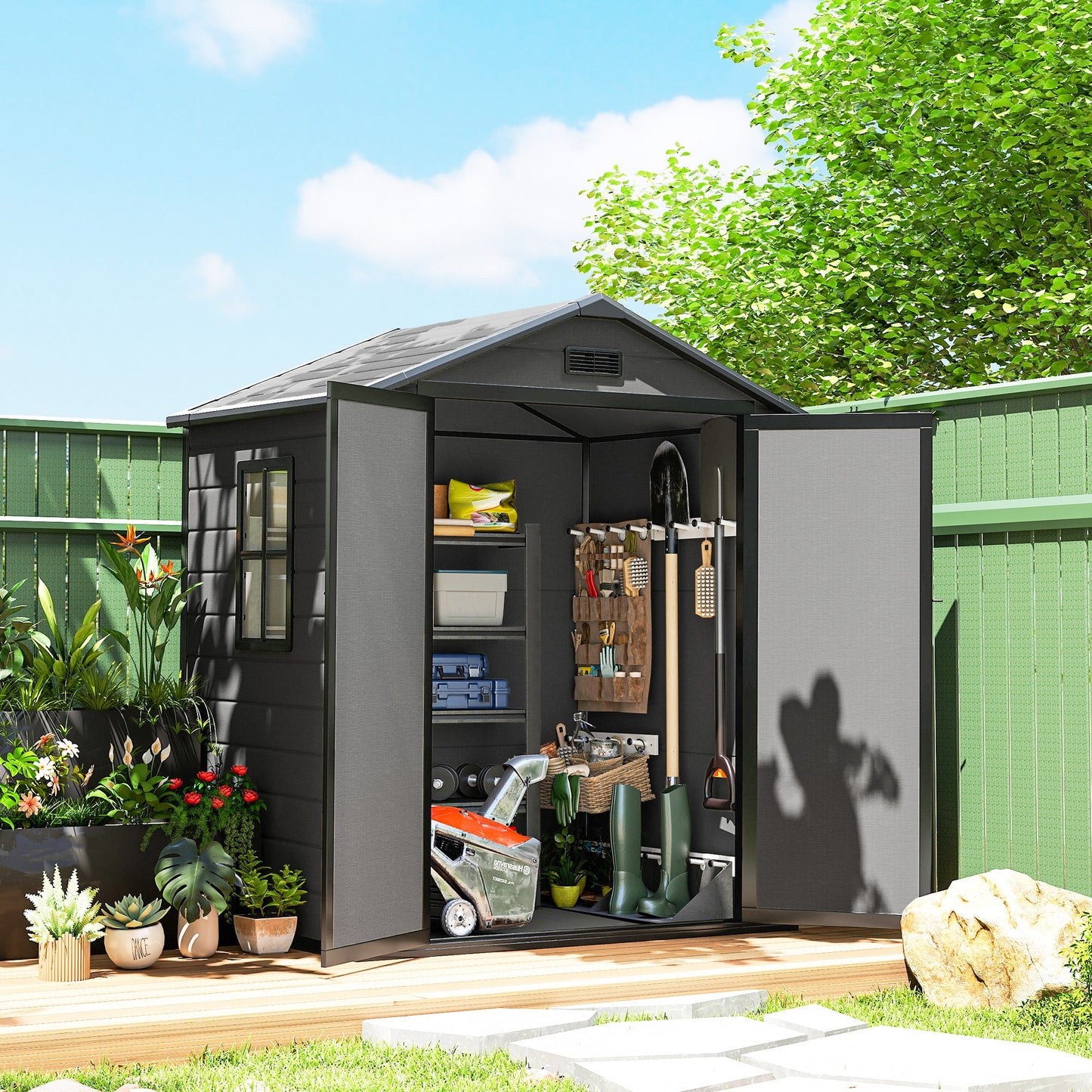 حظيرة تخزين للحديقة من Outsunny مقاس 6'x4.5'، حظيرة حديقة قابلة للقفل ببابين مزدوجين، نافذة، فتحة تهوية وسقف بلاستيكي، رمادي داكن
