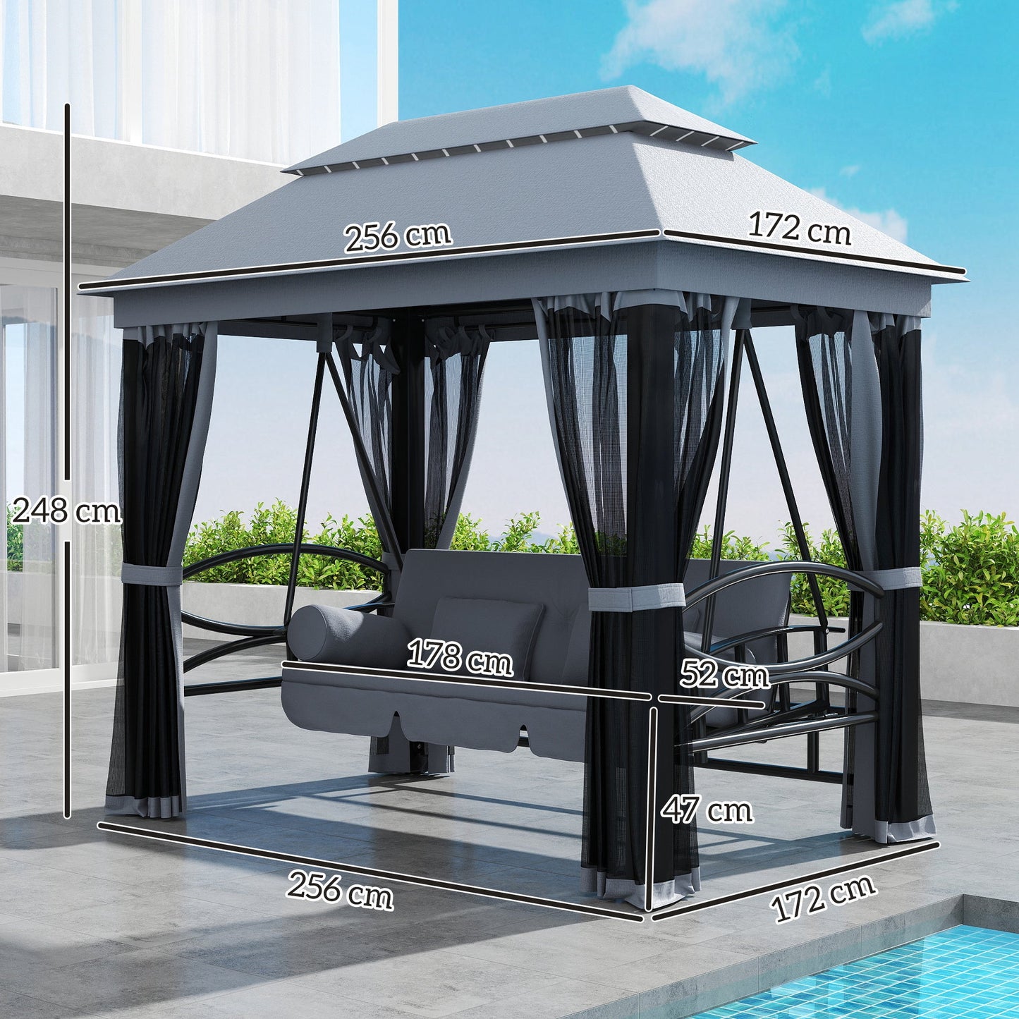 Outsunny 3 Seater Swing Chair Hammock Gazebo Lounger Cushioned Seat Waterproof Grey