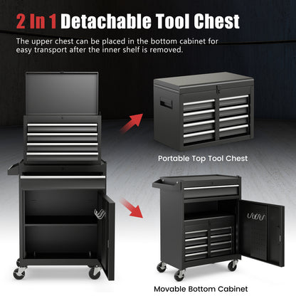 The garage storage unit demonstrating how the top chest detaches from the bottom cabinet