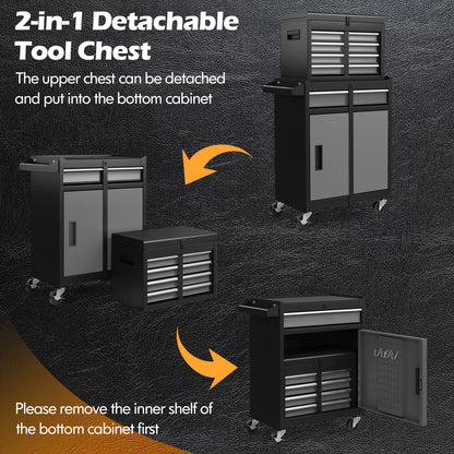 Diagram showing the two-part detachable tool storage cabinet can be separated