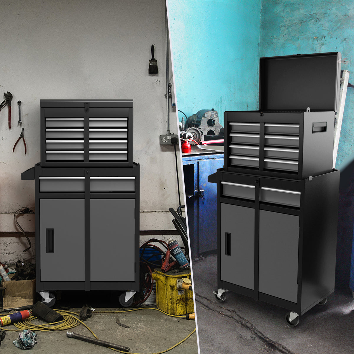 The tool storage cabinet shown in a garage setting next to tools and equipment