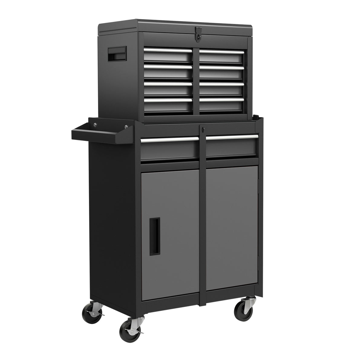 High Capacity Tool Storage Cabinet with lockable wheels in black and grey, shown with the lid closed and drawers shut