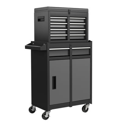 High Capacity Tool Storage Cabinet with lockable wheels in black and grey, shown with the lid closed and drawers shut