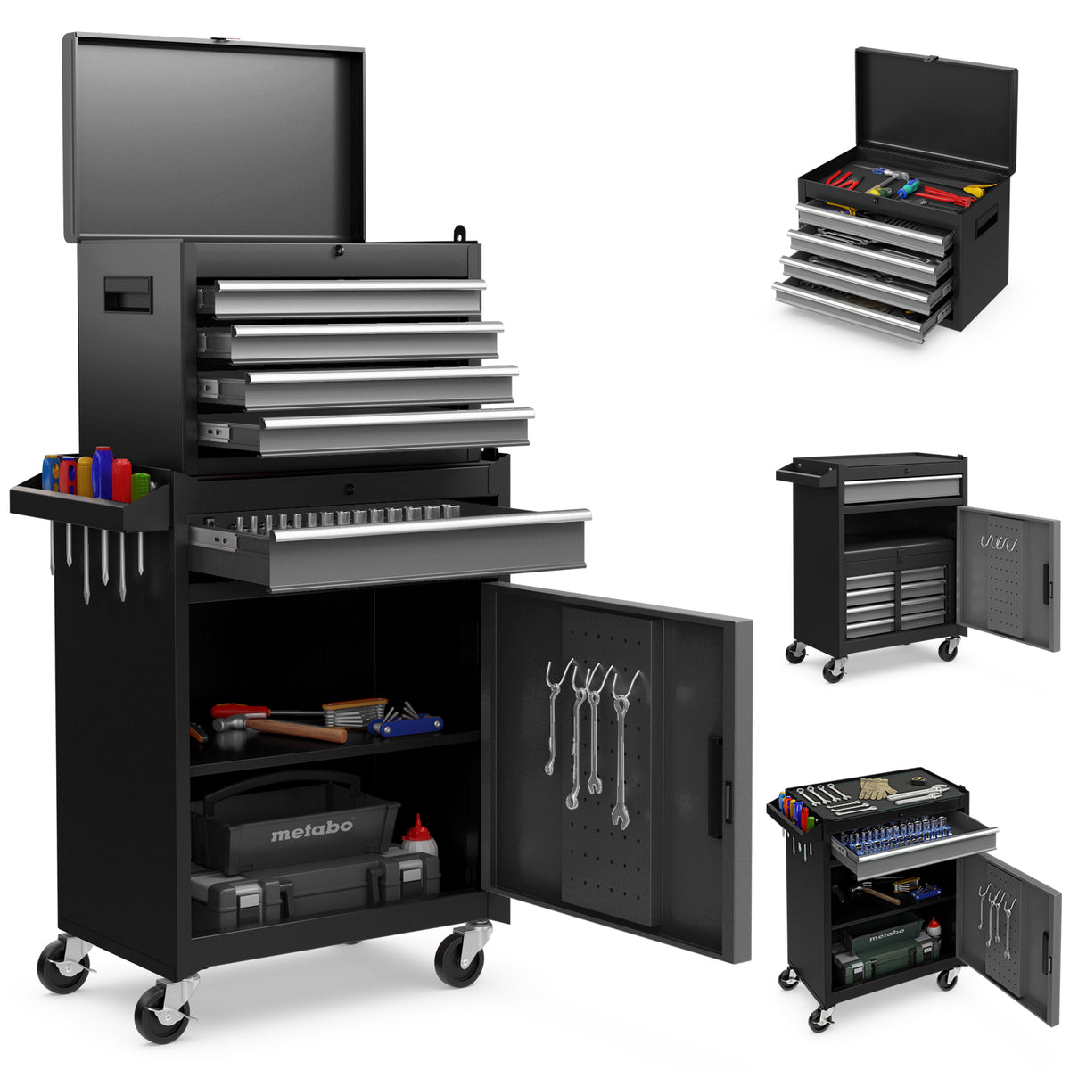 The tool storage cabinet with drawers and doors open, showing organised tools inside