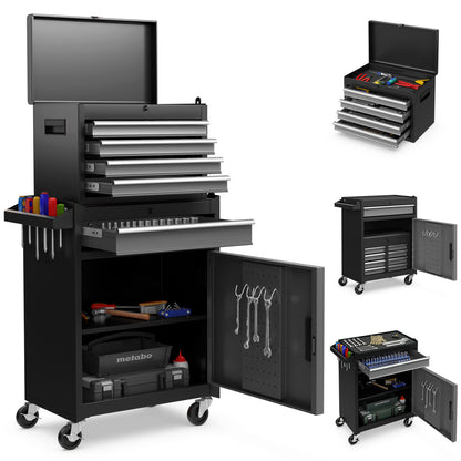The tool storage cabinet with drawers and doors open, showing organised tools inside