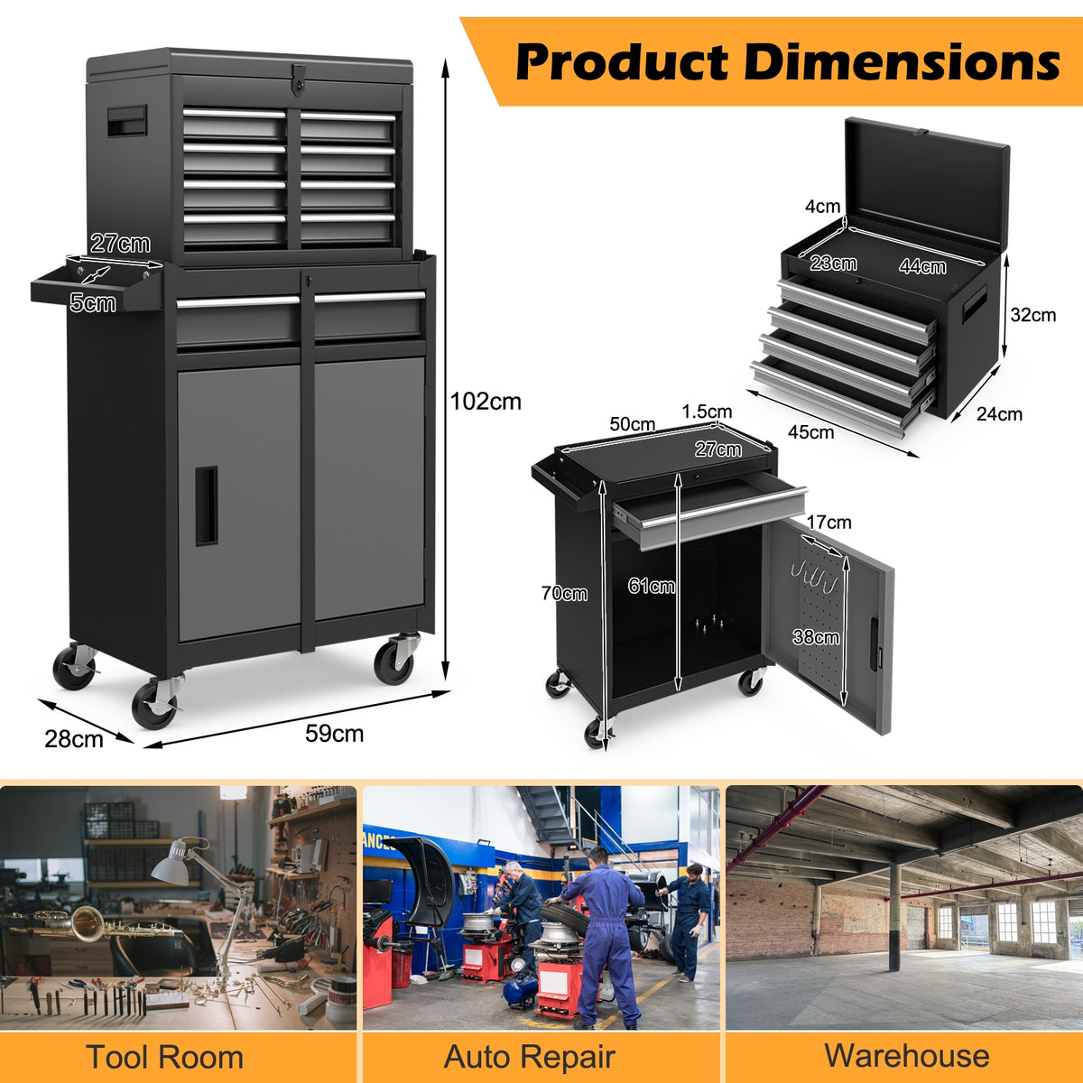 Product dimensions diagram for the tool storage cabinet, showing measurements in cm
