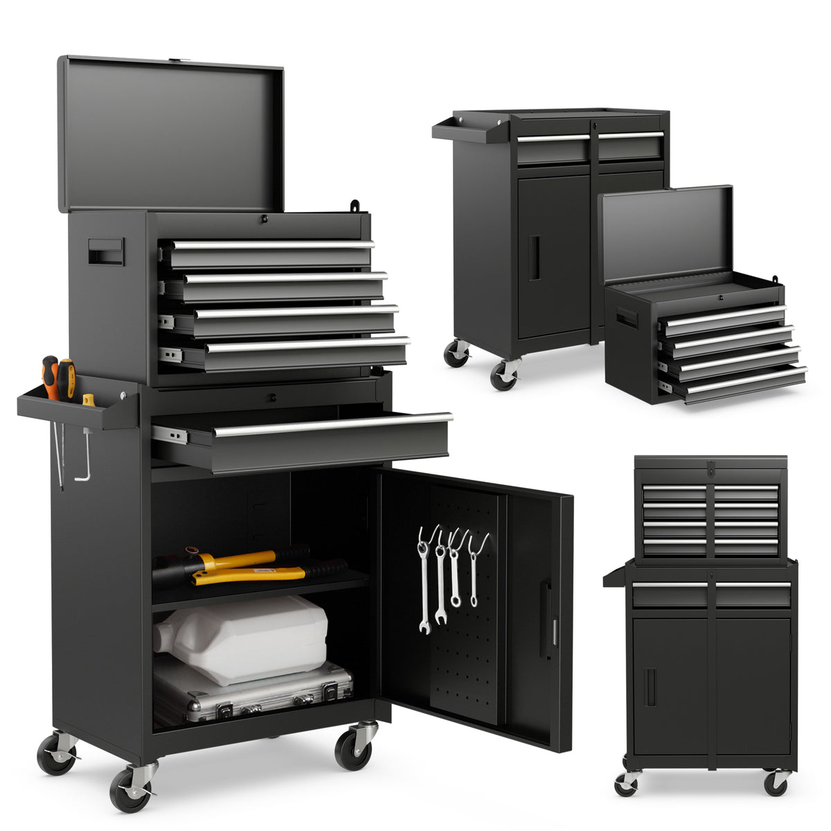 The tool cabinet shown in multiple configurations with drawers and doors open to reveal storage