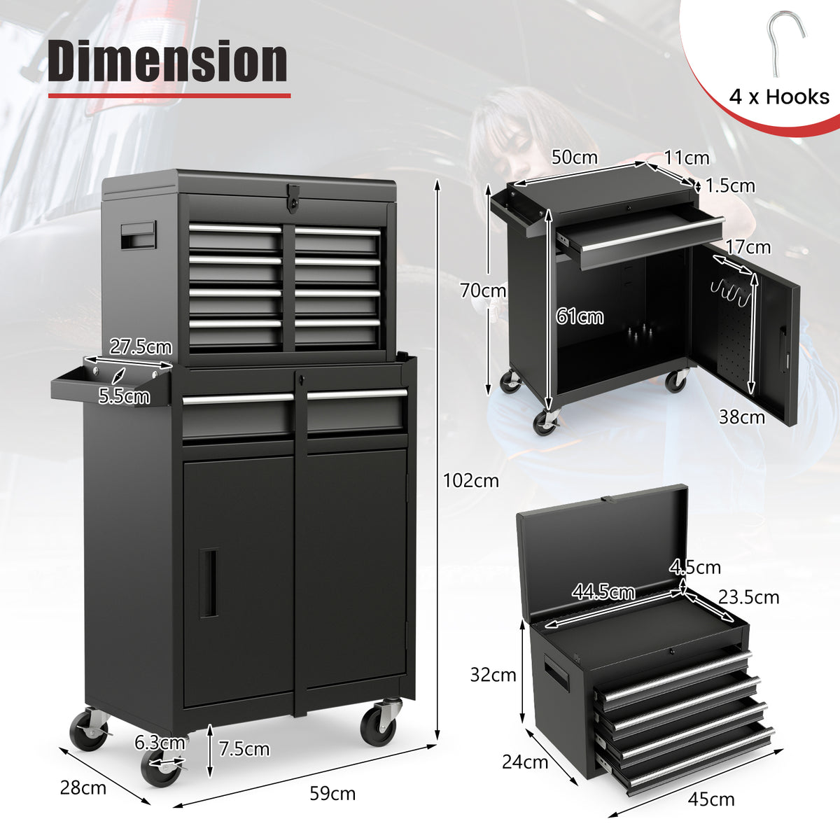 The garage storage unit with technical lines and labels showing dimensions for each section