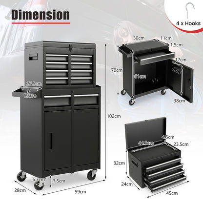 The garage storage unit with technical lines and labels showing dimensions for each section