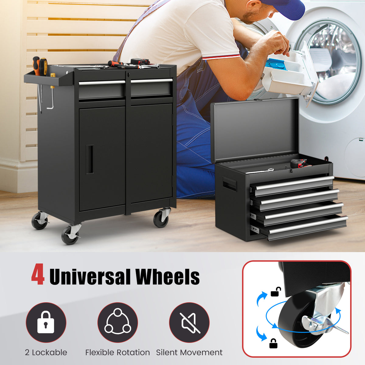 The garage storage unit next to a person working with a focus on the lockable caster wheels