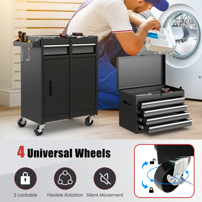 The garage storage unit next to a person working with a focus on the lockable caster wheels