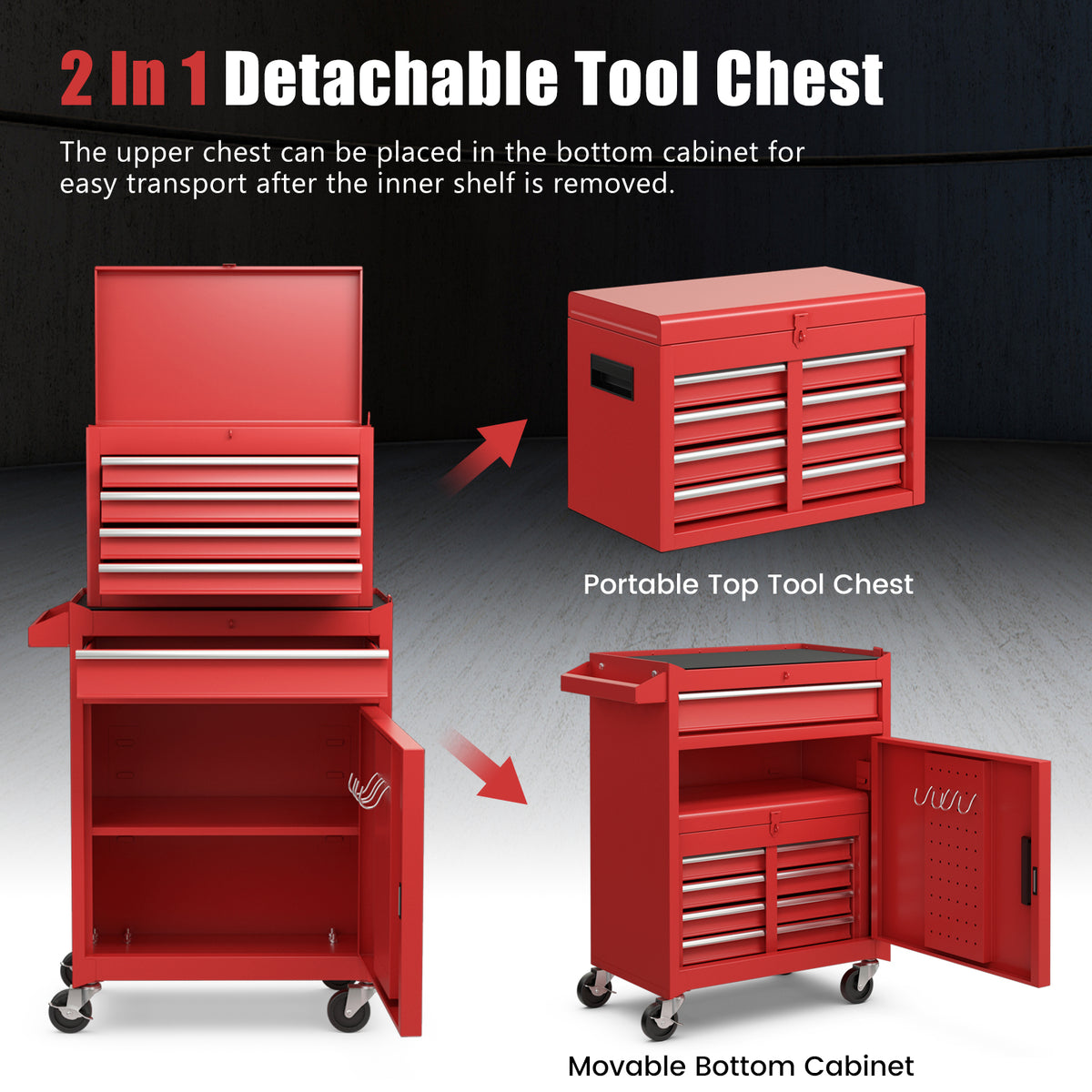 Red tool storage cabinet showing the top chest detaching from the bottom cabinet