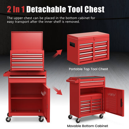 Red tool storage cabinet showing the top chest detaching from the bottom cabinet