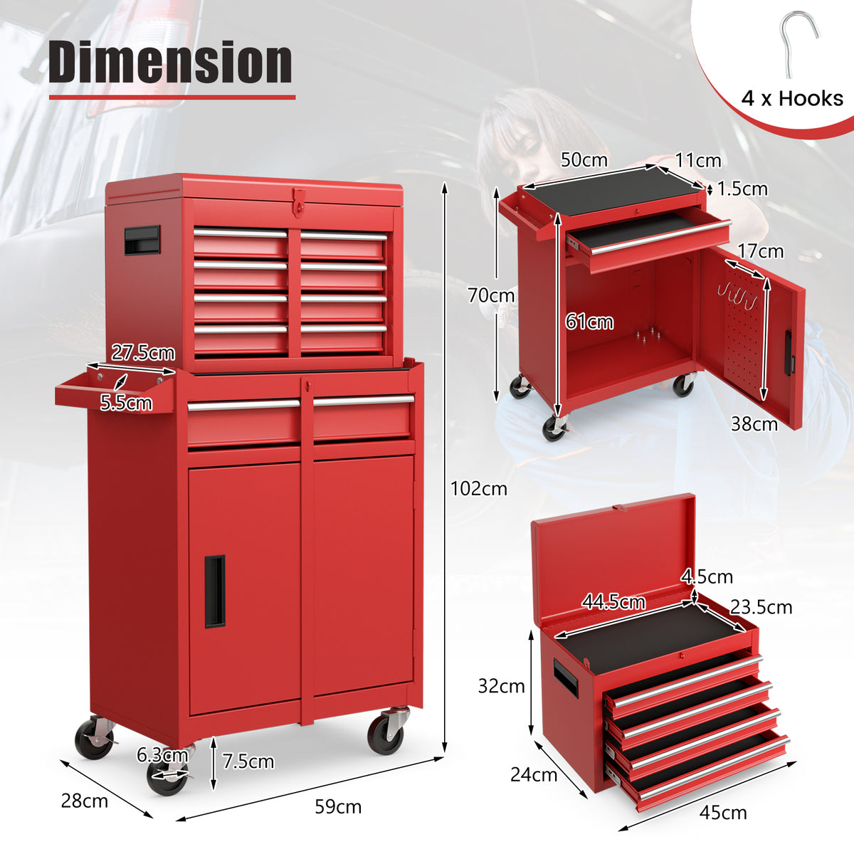 Dimension diagram of the red tool storage cabinet with measurements shown