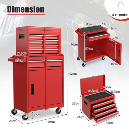 Dimension diagram of the red tool storage cabinet with measurements shown
