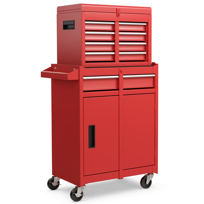 High Capacity Tool Storage Cabinet with Lockable Wheels in red, shown from the front with drawers and a cupboard open