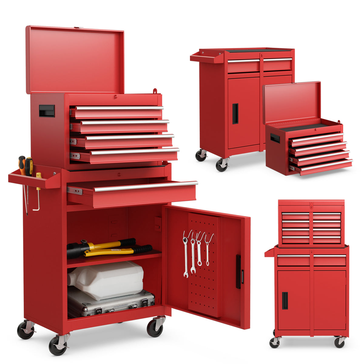 Red tool storage cabinet with drawers and cupboard open, showing contents and organised tools