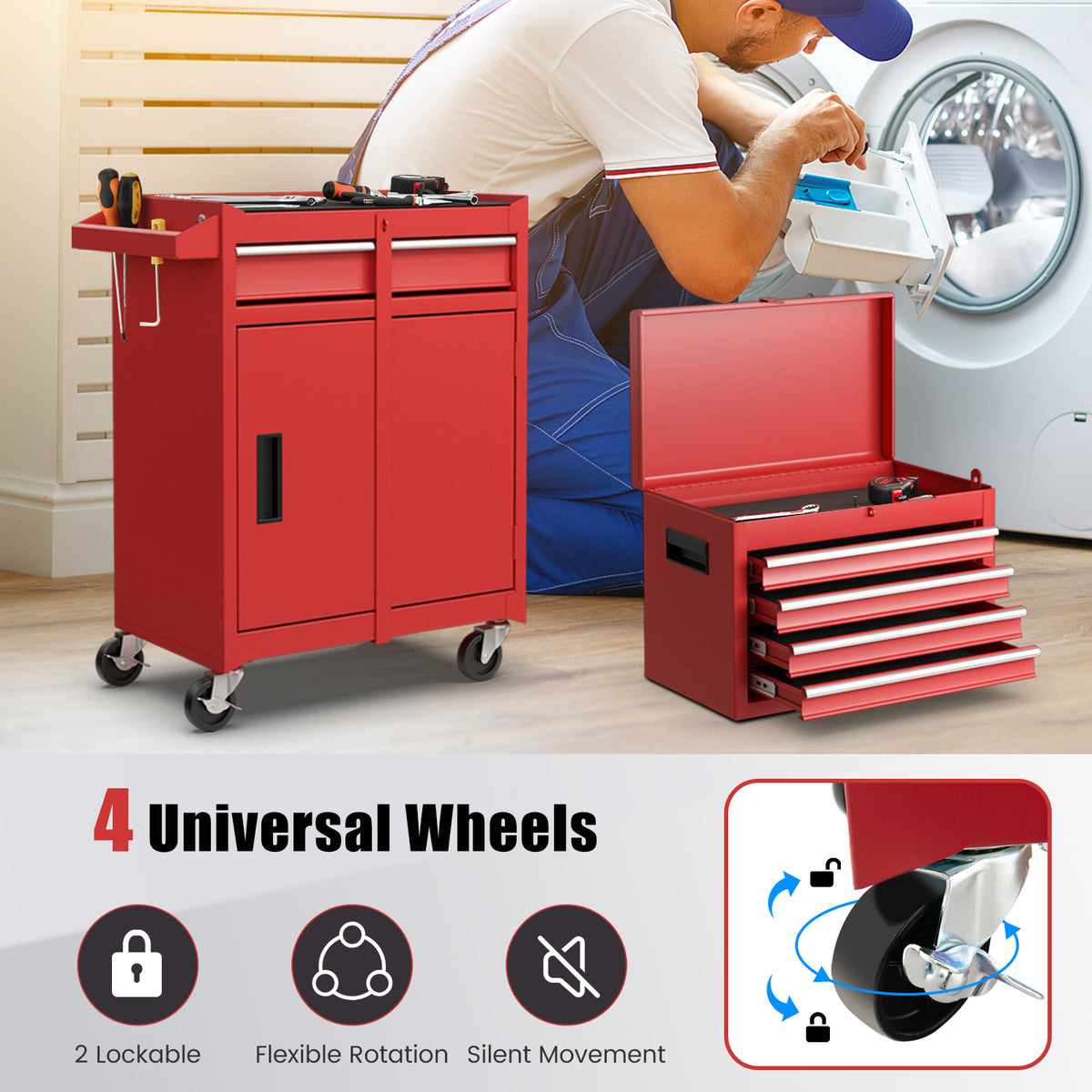 Close up of the lockable wheels on the red tool storage cabinet