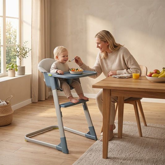 A mother feeding her baby in the grey high chair at a dining table