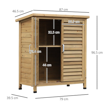 Outsunny Garden Shed سقيفة حديقة خشبية لتخزين الأدوات ببابين من خشب التنوب الصلب، خزانة تنظيم أدوات الجراج، 87 طول × 46.5 عرض × 96.5 ارتفاع سم، لون خشبي طبيعي