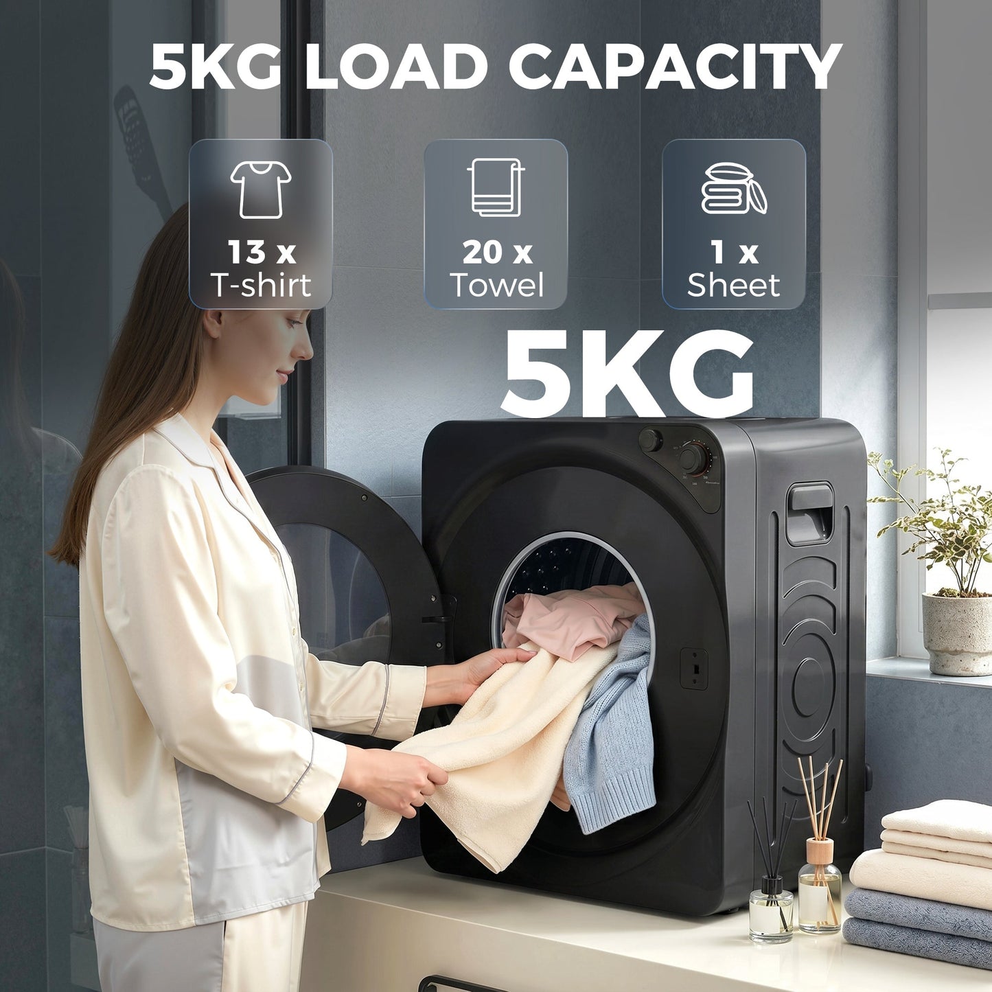 HOMCOM 5kg Vented Tumble Dryer, 1000W Compact Tumble Dryer with 5 Drying Modes, Stainless Steel Tub, Black