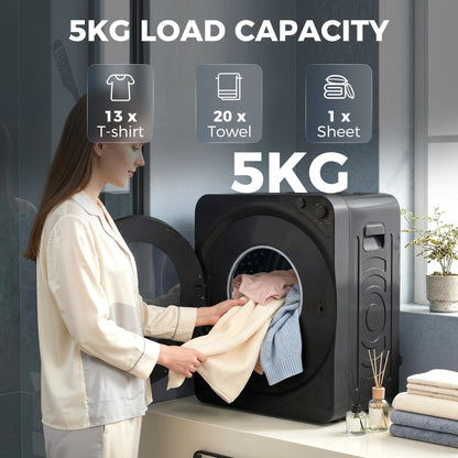 HOMCOM 5kg Vented Tumble Dryer, 1000W Compact Tumble Dryer with 5 Drying Modes, Stainless Steel Tub, Black