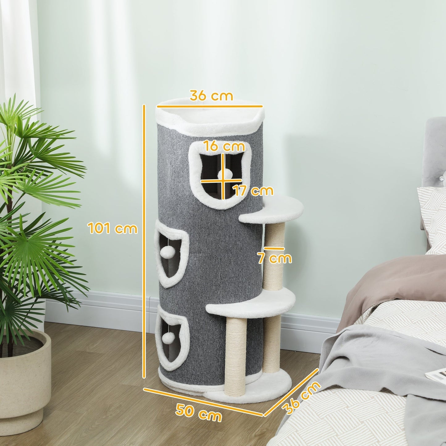 PawHut 101 cm Cat Tree with Sisal Scratching Posts, 3 Barrel Condos, 3 Platforms, for Indoor Cats to Rest and Play