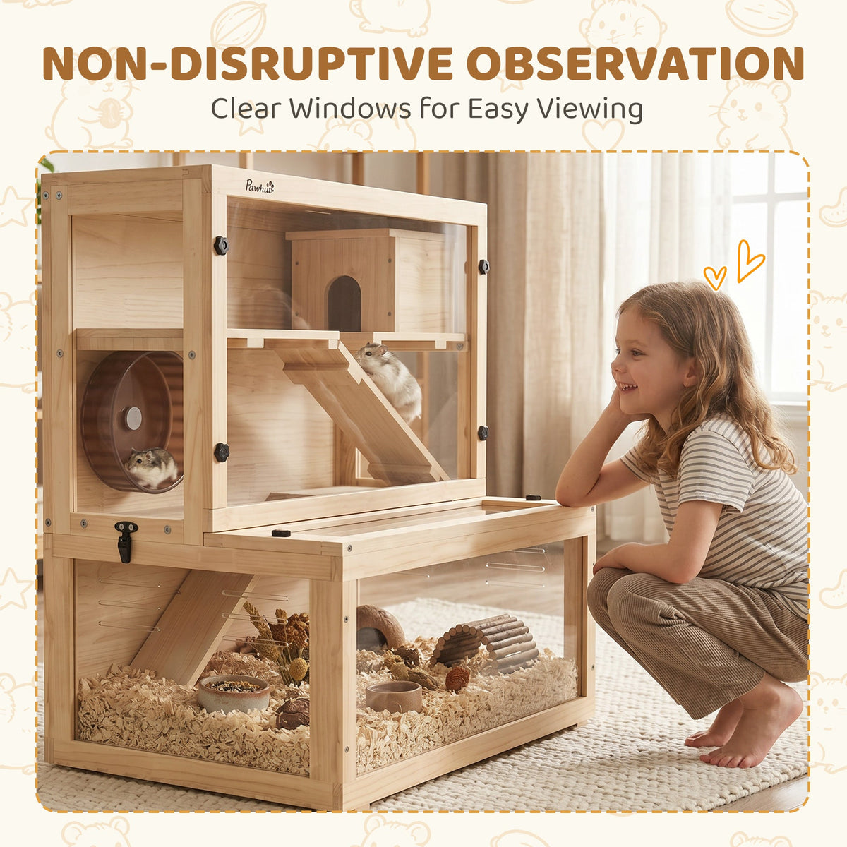 PawHut Wooden Hamster Cage with Hut, Wheel, Ramps, Removable Viewing Panels, 80 x 50 x 84 cm, Natural