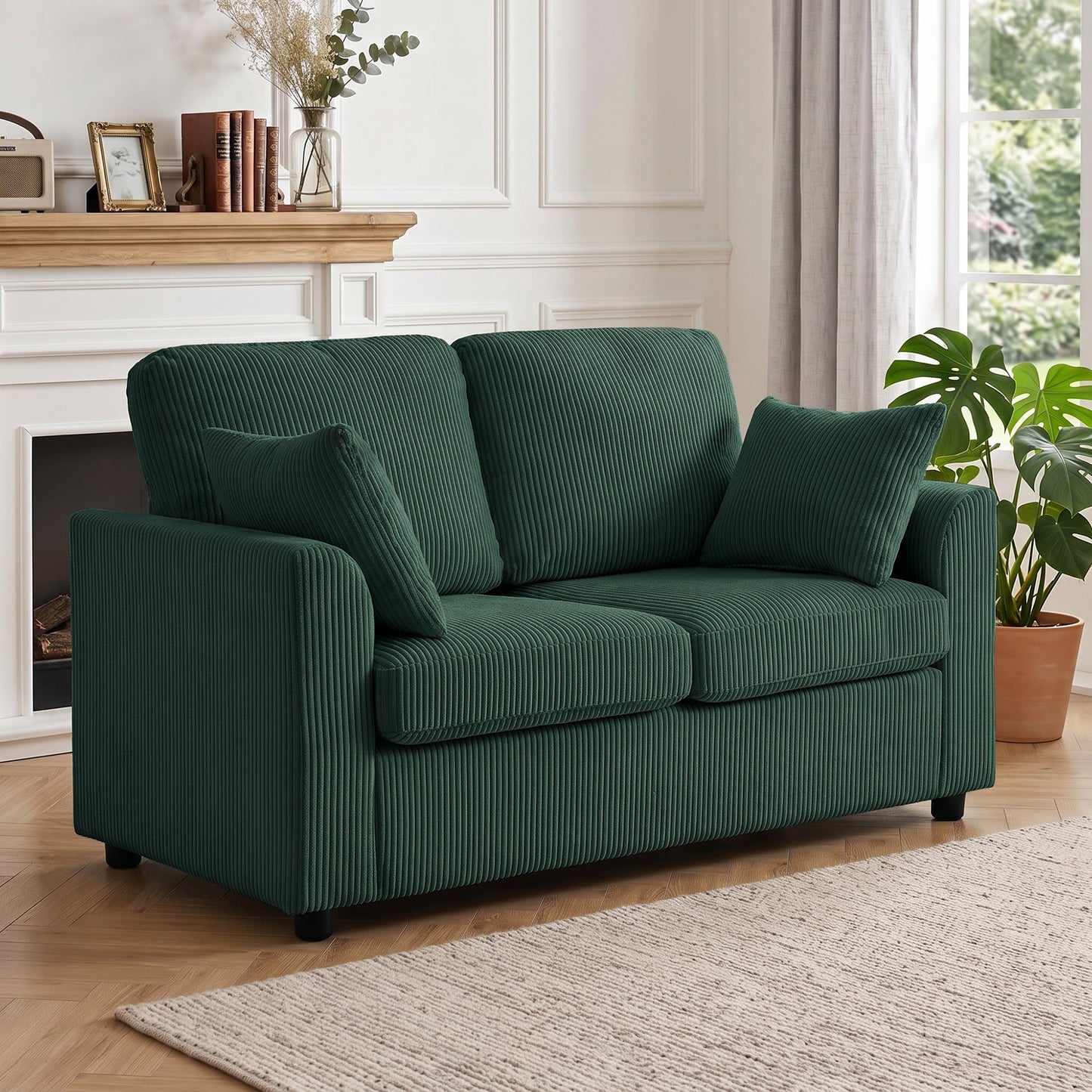 HOMCOM 2 Seater Sofa, Corduroy Small Couch with Spring Cushion, Wide and Deep Seat, Dark Green