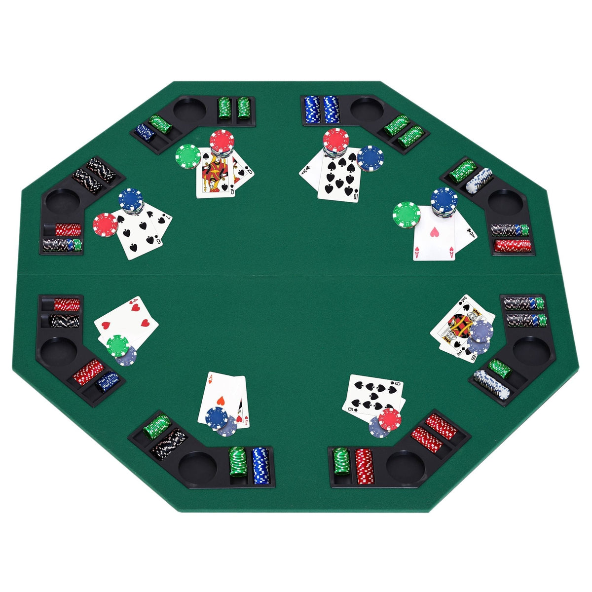 Foldable poker table top set up with playing cards and chips
